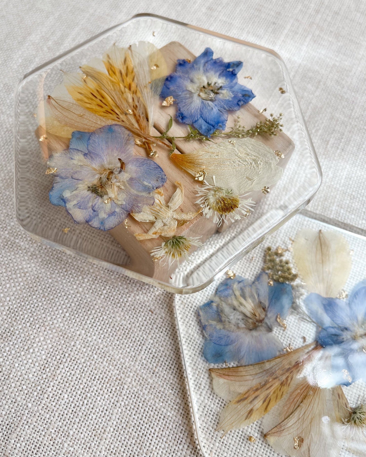 Set of 6 Pressed Flower Hexagon Resin Coaster
