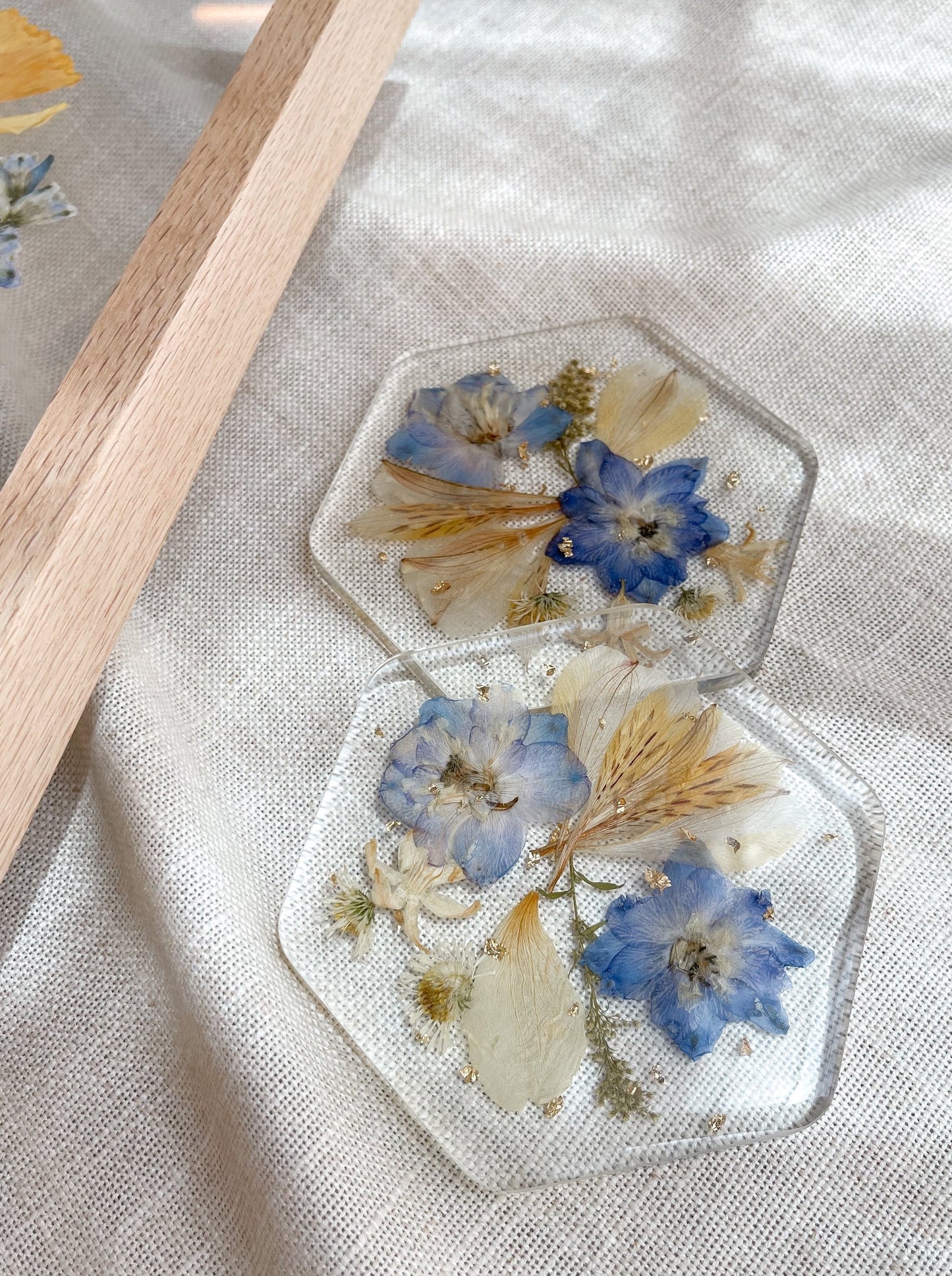 Set of 6 Pressed Flower Hexagon Resin Coaster