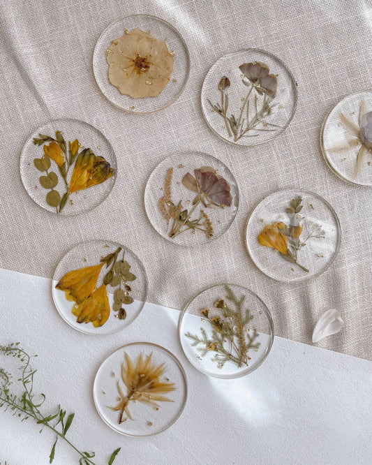Set of 6 Pressed Flower Round Resin Coaster