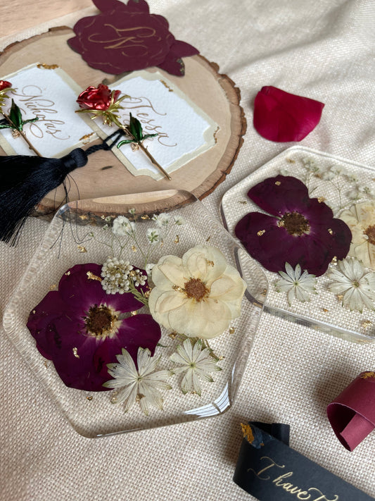 Set of 6 Pressed Flower Hexagon Resin Coaster