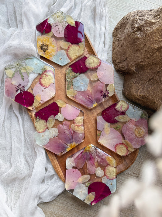 Set of 6 Pressed Flower Hexagon Resin Coaster